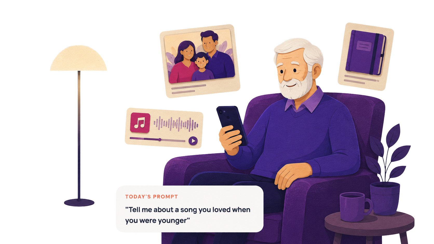 Illustration of an older adult relaxing in a purple armchair, looking at his phone, surrounded by a family photo, a voice memory clip, and a journal